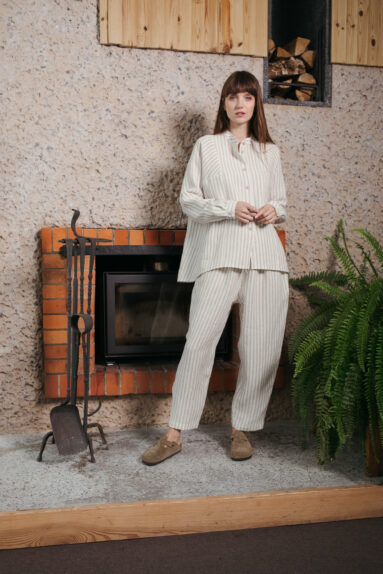 Striped linen women's shirt and trousers matching suit