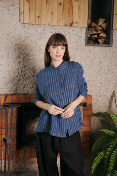 Contrast stripe linen shirt with mandarin collar