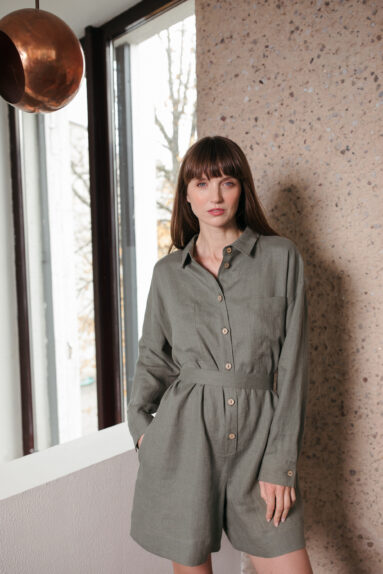 Long sleeve hunter green linen playsuit