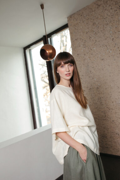 Oversized ivory linen blouse with elbow-length sleeves