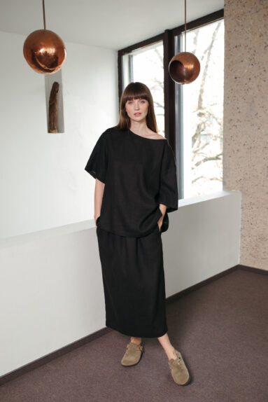 Black linen midi skirt with elasticated waist and ties