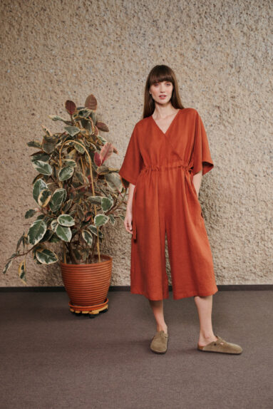Linen loose adjustable waist wide cropped leg jumpsuit