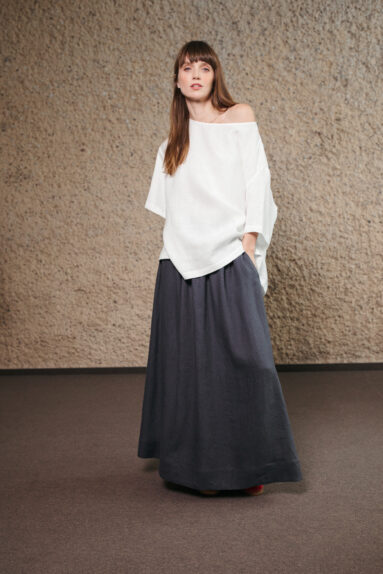Charcoal grey linen maxi skirt with half-elasticated waist