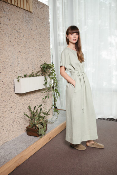 Maxi sage green linen kimono style dress