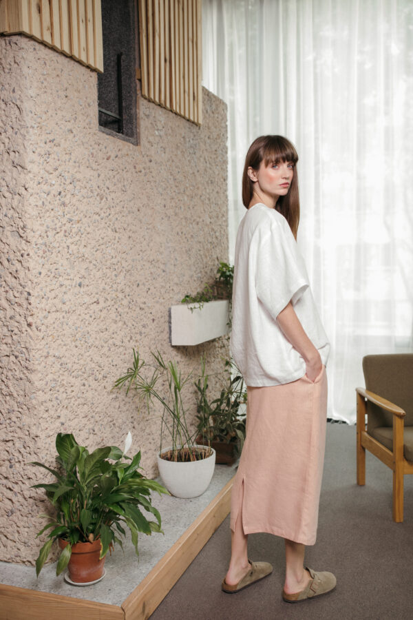 Midi elasticated waist linen skirt with ties