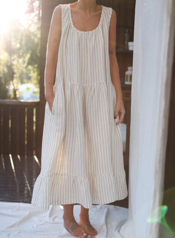 Striped linen sleeveless ruffled hem dress| Dress | Sustainable clothing | ManInTheStudio